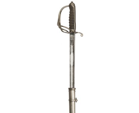 A Geo V officer’s sword of The Royal Artillery, very slightly curved fullered blade 33”, by Guthrie & Valentine, Cork St, Lon