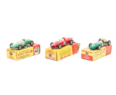 3 Dinky Toys single seat racing cars. Lotus Racing Car (241) in mid green, RN24. Plus a B.R.M. Racing Car (243) in metallic g