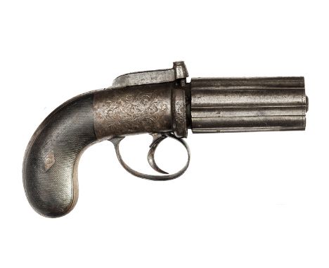 A 6 shot 70 bore self cocking bar hammer percussion pepperbox revolver,  7¾” overall, barrels 3” with B’ham proofs and number