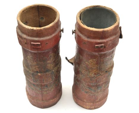 2 WWI period shell buckets,  painted with post 1902 R Arms and supporters, 20” overall, one with carrying strap. Basically GC