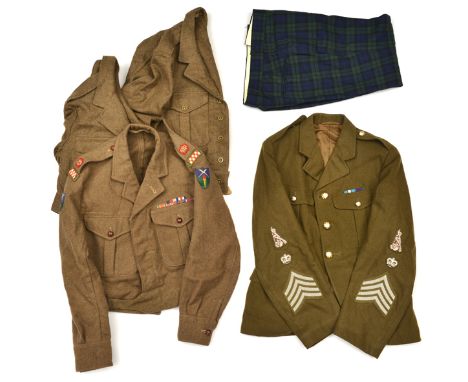 An ERII Q Master’s khaki jacket of The Black Watch, with insignia and pair tartan trews; 3 “Blouse. Battle Dress. 1949 Patter