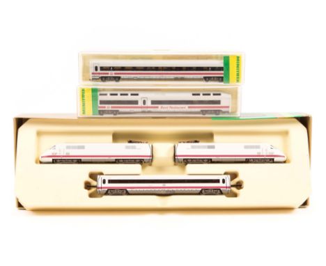 An N gauge Minitrix German DB ICE 3 car electric multiple unit (12996). Power unit and trailer driving car with an intermedia
