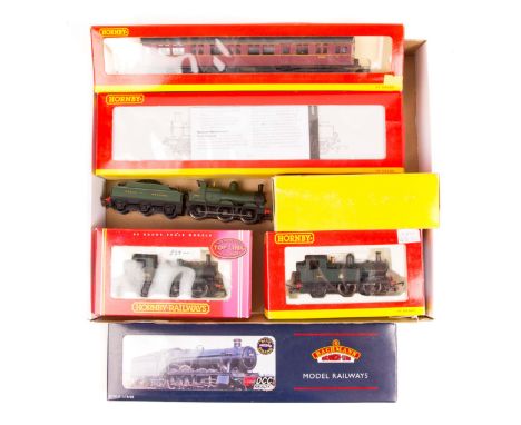 4 Hornby Railways OO gauge locomotives. A GWR Dean goods 0-6-0 tender locomotive 2322. 2x BR ex GWR class 14xx 0-4-2 tank loc