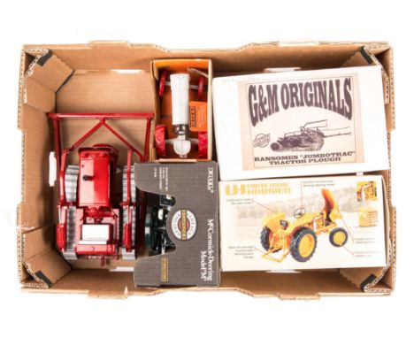 A quantity of farm related models and toys. A G&M Originals Ransomes “Jumbotrac” Tractor Plough in mid blue with red wheels. 