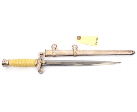 A Third Reich Army officer’s dagger, by F W Holler, Solingen, with white grip, in its sheath. GC (blade tip straightened, sma