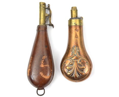 An embossed copper powder flask “Shell” (sim to R355 but plain top and no rings), 6¾” overall, by Hawksley. GO & C (a few den