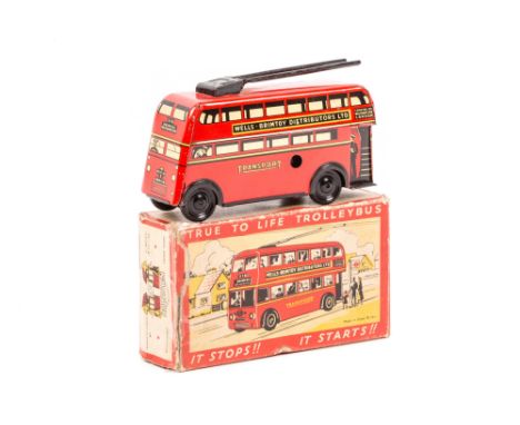 An A. Wells & Co (Wells-Brimtoy) Trolleybus. A clockwork tinplate trolleybus in London Transport style red livery with yellow
