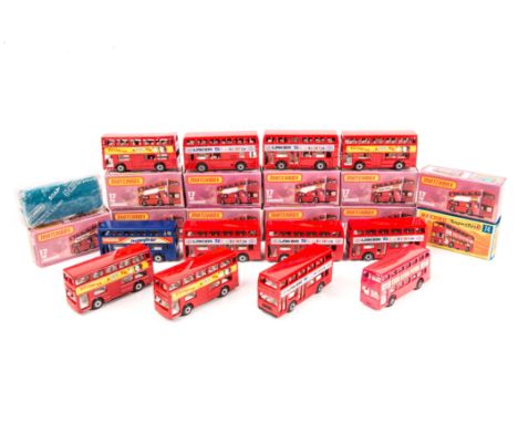 12 Matchbox Superfast buses. 11x No.17 The Londoner double deck buses. 10 in red livery in purple boxes – 6x Laker Skytrain a