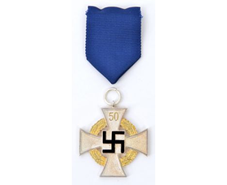 A Third Reich Special Grade Faithful Service Decoration, in silver and gilt with enamel swastika, with ribbon and pin suspend