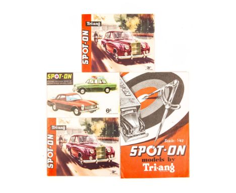 4 Tri-ang Spot On catalogues. A scarce early 8-page 1959 issue with red cover showing dividers and diagram of Roll Royce. Tog