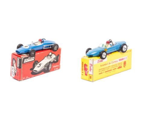 2 scarce Solido single seater racing cars. A Ferrari F1 in blue, RN 2, driver with red helmet. Together with an Alpine F111 i