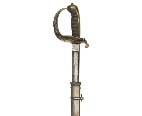 A Vic 1857 pattern Engineer officer’s sword,  slightly curved, fullered blade, 33”, etched with grenade, crowned R Arms with 