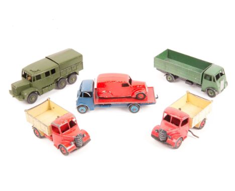 6 Dinky Toys. Guy flatbed in blue with red rear body. Guy 4-ton Lorry in dark green 2x Bedford tippers in red and cream. Deli