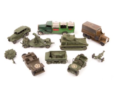 8 Dinky Military. Reconnaissance Car, US Army Jeep, Medium Tank, complete with metal tracks, anti-aircraft gun, Dragon tracke