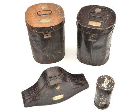 2 tin cases for R Fusiliers officers fur caps,  each with name on brass plate “W R Glover Esq” and “R.B.G. Glover Esq” both 1