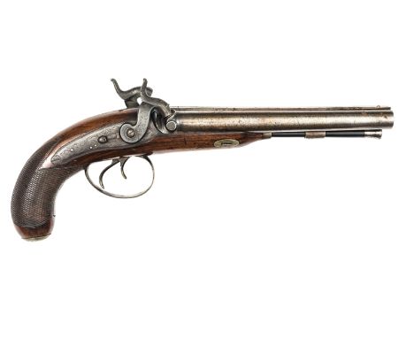 A DB 28 bore percussion holster pistol, 13½” overall, twist barrels 8”, the unsigned scroll engraved back action locks having