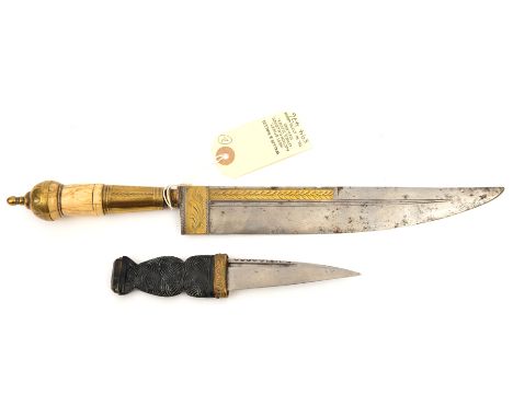 A 19th century Spanish knife, SE blade 9” tapering to DE point, leaf pattern brass inlay to top half of blade with panel at f