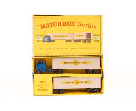 A Matchbox Lesney Major Pack, Inter-State Double Freighter (M9). A Henrickson tractor unit in blue with two trailers in grey 