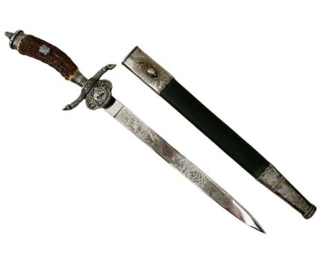 33cm blade by Horster of Solingen, etched with hunting scenes on either side, regulation white metal hilt decorated to match,