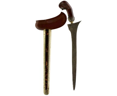 31cm straight pamor blade, characteristic carved wooden hilt decorated with two small panels of scrolling foliage, embossed w