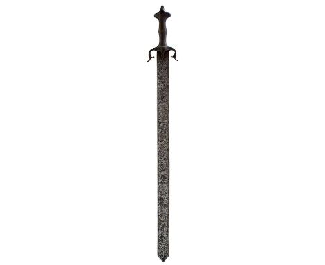 74.5cm flimsy blade decorated with calligraphy and courtly figures to either side, characteristic iron hilt with downturned q