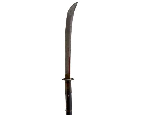 35.4cm curved blade with fatasuji-hi with red enamel, pierced moko-shaped tsuba mounted on its wooden haft, 177cm over all.