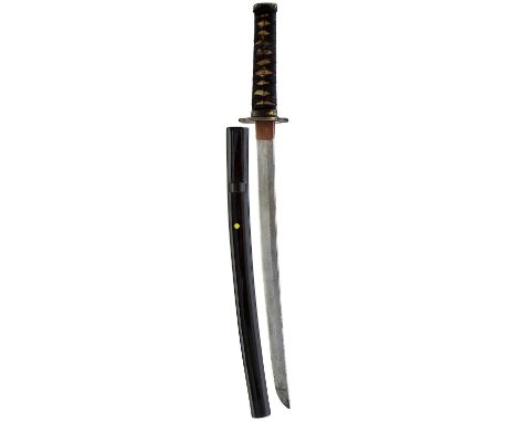 38.9cm Shinto blade with one mekugi-ana, rebound tsuka with mixed mounts, iron mokko shape tsuba, in its black lacquered saya