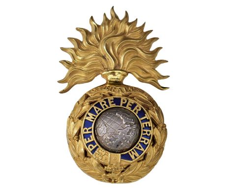 the gilt flaming grenade surmounted by a pierced gilt laurel wreath scroll banner GIBRALTAR, central pierced gilt garter PER 