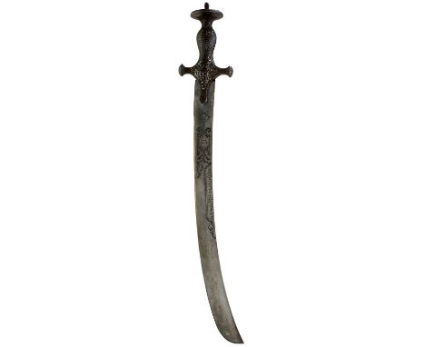 mounted with a 45cm shortened curved damascus blade chiselled with foliage and calligraphy on either side, characteristic iro