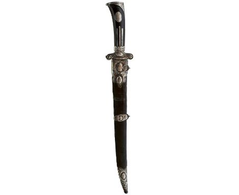 33.5cm fullered blade decorated with scrolling foliage and hunting scenes, characteristic silver mounted hilt decorated in th