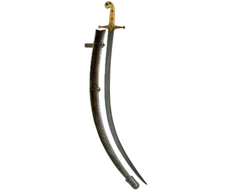 80.25cm sharply curved blade acid etched to represent damascus, regulation gilt hilt with two-piece riveted ivory grip scales