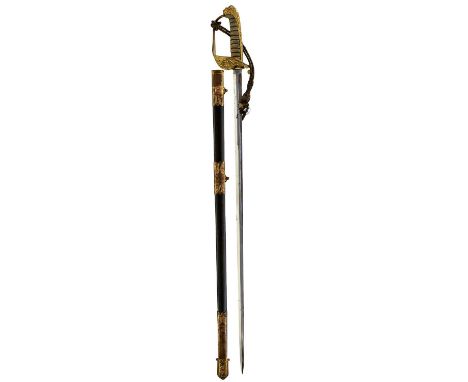 78cm flattened diamond section trophy clean blade, regulation gilt hilt with extra long grip, lion's head pommel, wire bound 