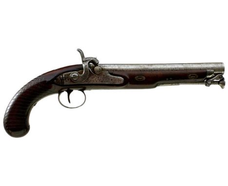 9inch barrel, stepped and bolted lock signed BAKER, converted from flintlock, full stocked with chequered grip, border engrav