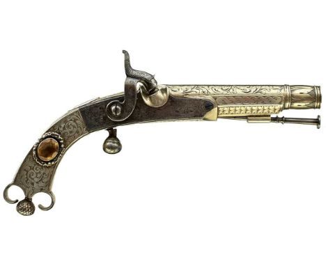 5inch tapering white metal two-stage barrel engraved with scrolling foliage, border and scroll engraved signed lock, full whi