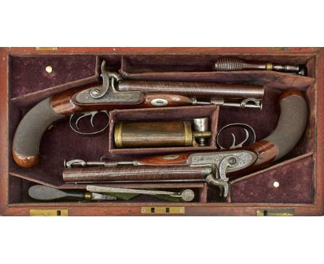 7.5inch sighted browned damascus barrels engraved London, Sir Charles Clarke in gothic script, border and scroll engraved cas