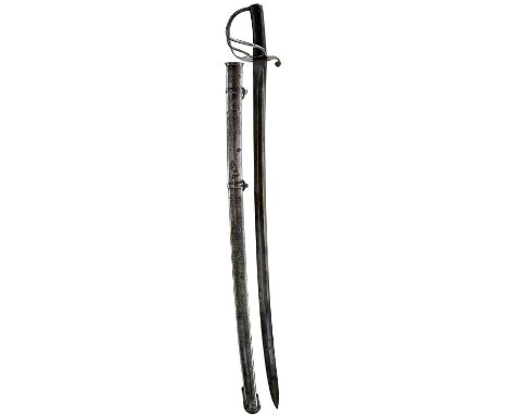 89cm curved fullered blade with Ordnance marks, regulation three-bar steel hilt, chequered two-piece leather grips, contained