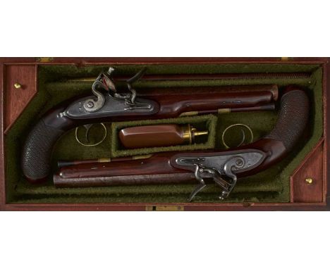 9inch barrels with octagonal breeches engraved LONDON, the tangs decorated with a stylized stand of arms, case colour hardene
