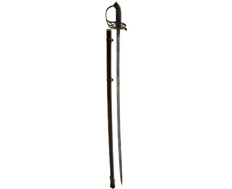 81cm slightly curved fullered blade etched with scrolling foliage, strung bugle horn, crowned VR cypher and owner's initials,