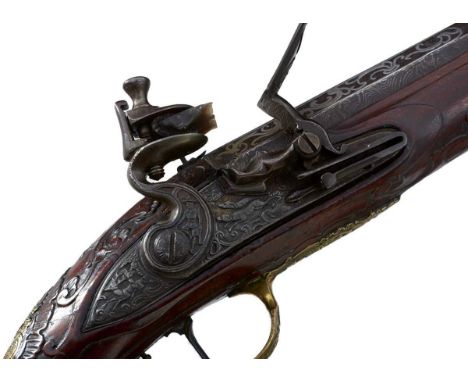 11.25inch sighted etched damascus barrels, inlaid in white metals with panels of stylised scrolling foliage, rear leaf sights