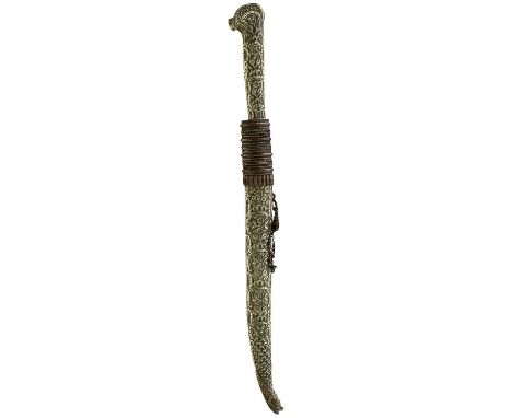 23.5cm blade inlaid with scrolling foliage and stylised text in yellow metals, characteristic white metal hilt embossed with 