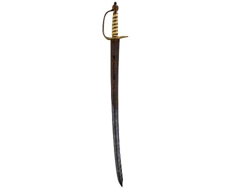 61cm curved fullered blade with clipped back tip, decorated with scrolling foliage, stands of arms, a globe, a sailor holding