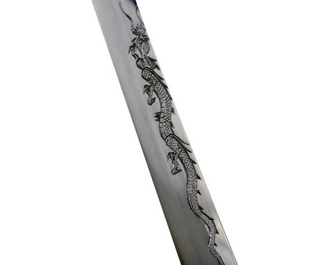 63.7cm Shin-shinto blade with one mekugi-ana, carved with a dragon and tama horimono, broad suguha hamon, nashiji hada, rebou