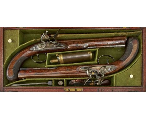 9.5inch sighted browned damascus barrels engraved Wogdon London in script, the scallop engraved case colour hardened breeches