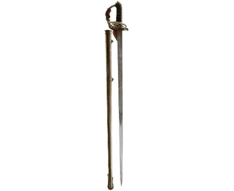 82.25cm clean blade decorated with scrolling foliage, crowned strung bugle horn, laurel wreath and crowned VR cypher, maker's