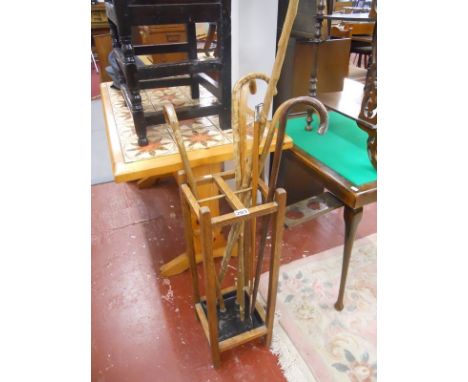 Oak stick stand to include walking sticks - 1 silver top & 1 Elkington plate mounted fork