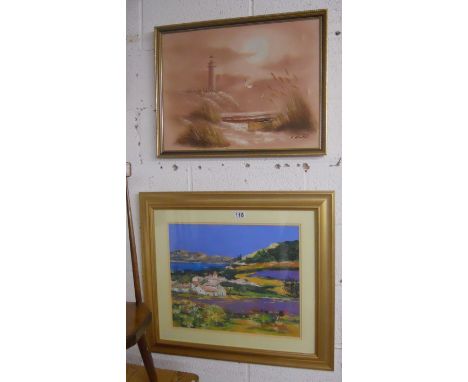 Oil on canvas by A Curtis and print - Coastal scene