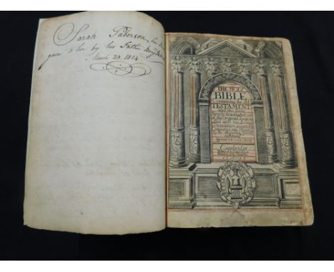 THE HOLY BIBLE CONTAINING THE OLD TESTAMENT AND THE NEW.., Cambridge, John Hayes, 1677, engraved architectural title by Chant