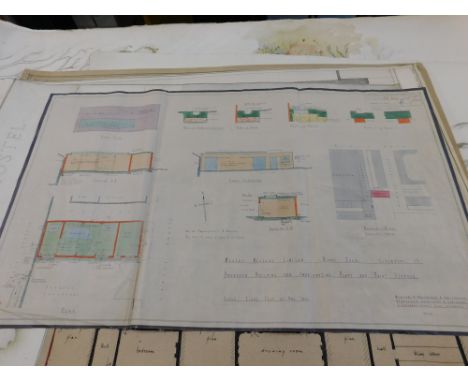 Folder and roll - good quantity architectural plans, building floor plans, paintings of buildings, Church tower, interior des