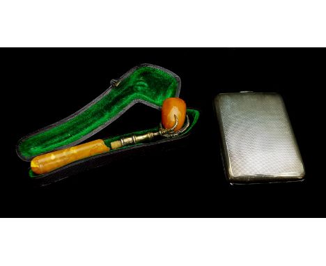 An Amber and gilt metal small size pipe, the gilt metal formed as a tree toed claw foot, in fitted leather case, pipe 9cm lon