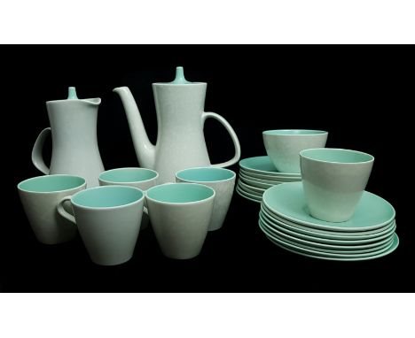 Robert Jefferson for Poole Pottery - A twin tone contour shape ice green and seagull coffee service, comprises coffee pot and